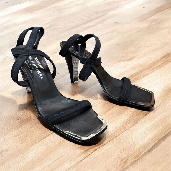 Donald J Pilner Couture Black Textured Square Strappy Sandal Heels 7.5 - Picture 2 of 9